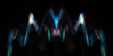 Hafif boya. Neon parıltısı. Simetri ve yansıma. Şenlik dekorasyonu. Bulanık arkaplan. Parlak doku. Parlak desen. Poster, broşür, el ilanı ve kart için yaratıcı grafik tasarımı. Ağ, kumaş ve örtü için arkaplan.