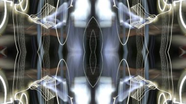 Hafif boya. Neon parıltısı. Simetri ve yansıma. Şenlik dekorasyonu. Bulanık arkaplan. Parlak doku. Parlak desen. Poster, broşür, el ilanı ve kart için yaratıcı grafik tasarımı. Ağ, kumaş ve örtü için arkaplan.