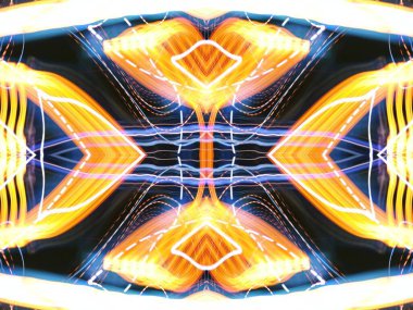 Hafif boya. Neon parıltısı. Simetri ve yansıma. Şenlik dekorasyonu. Bulanık arkaplan. Parlak doku. Parlak desen. Poster, broşür, el ilanı ve kart için yaratıcı grafik tasarımı. Ağ, kumaş ve örtü için arkaplan.