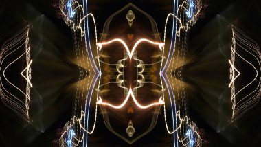 Hafif boya. Neon parıltısı. Simetri ve yansıma. Şenlik dekorasyonu. Bulanık arkaplan. Parlak doku. Parlak desen. Poster, broşür, el ilanı ve kart için yaratıcı grafik tasarımı. Ağ, kumaş ve örtü için arkaplan.