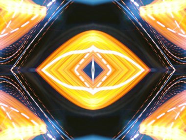 Hafif boya. Neon parıltısı. Simetri ve yansıma. Şenlik dekorasyonu. Bulanık arkaplan. Parlak doku. Parlak desen. Poster, broşür, el ilanı ve kart için yaratıcı grafik tasarımı. Ağ, kumaş ve örtü için arkaplan.