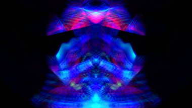 Işık efektleri. Neon parıltısı. Simetri ve yansıma. Şenlik dekorasyonu. Bulanık arkaplan. Parlak doku. Parlak desen. Poster, broşür, el ilanı ve kart için yaratıcı grafik tasarımı. Ağ, kumaş ve örtü için arkaplan.