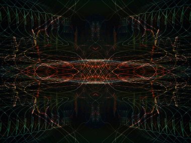 Hafif boya. Neon parıltısı. Simetri ve yansıma. Şenlik dekorasyonu. Bulanık arkaplan. Parlak doku. Parlak desen. Poster, broşür, el ilanı ve kart için yaratıcı grafik tasarımı. Ağ, kumaş ve örtü için arkaplan.