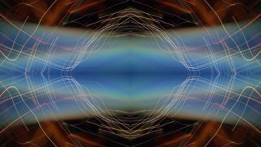 Hafif boya. Neon parıltısı. Simetri ve yansıma. Şenlik dekorasyonu. Bulanık arkaplan. Parlak doku. Parlak desen. Poster, broşür, el ilanı ve kart için yaratıcı grafik tasarımı. Ağ, kumaş ve örtü için arkaplan.