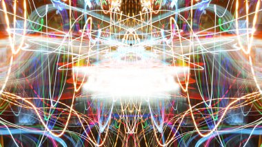 Hafif boya. Neon parıltısı. Simetri ve yansıma. Şenlik dekorasyonu. Bulanık arkaplan. Parlak doku. Parlak desen. Poster, broşür, el ilanı ve kart için yaratıcı grafik tasarımı. Ağ, kumaş ve örtü için arkaplan.