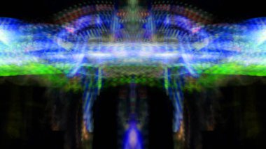 Işık efektleri. Neon parıltısı. Simetri ve yansıma. Şenlik dekorasyonu. Bulanık arkaplan. Parlak doku. Parlak desen. Poster, broşür, el ilanı ve kart için yaratıcı grafik tasarımı. Ağ, kumaş ve örtü için arkaplan.