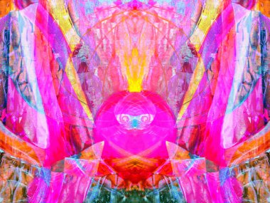 Dijital efektler. Neon parıltısı. Simetri ve yansıma. Şenlik dekorasyonu. Bulanık arkaplan. Renkli desen. Poster, broşür, el ilanı ve kart için yaratıcı grafik tasarımı. Benzersiz duvar kağıdı.