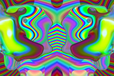 Dijital efektler. Neon parıltısı. Simetri ve yansıma. Şenlik dekorasyonu. Bulanık arkaplan. Renkli desen. Poster, broşür, el ilanı ve kart için yaratıcı grafik tasarımı. Benzersiz duvar kağıdı.