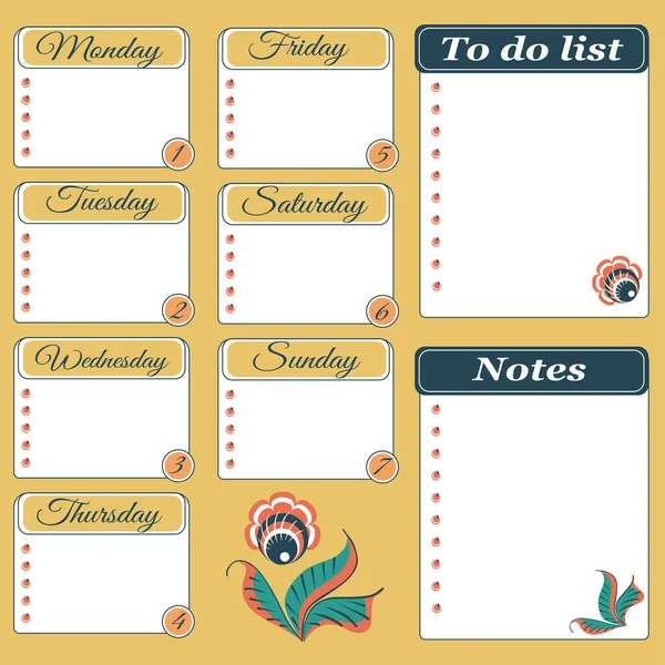 Wekelijkse Planner Met Notities Taken — Stockvector