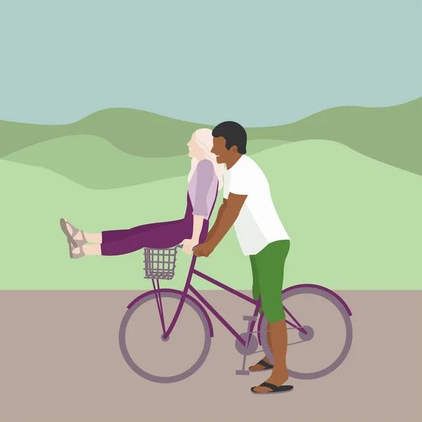 Pareja Joven Montando Bicicleta — Vector de stock