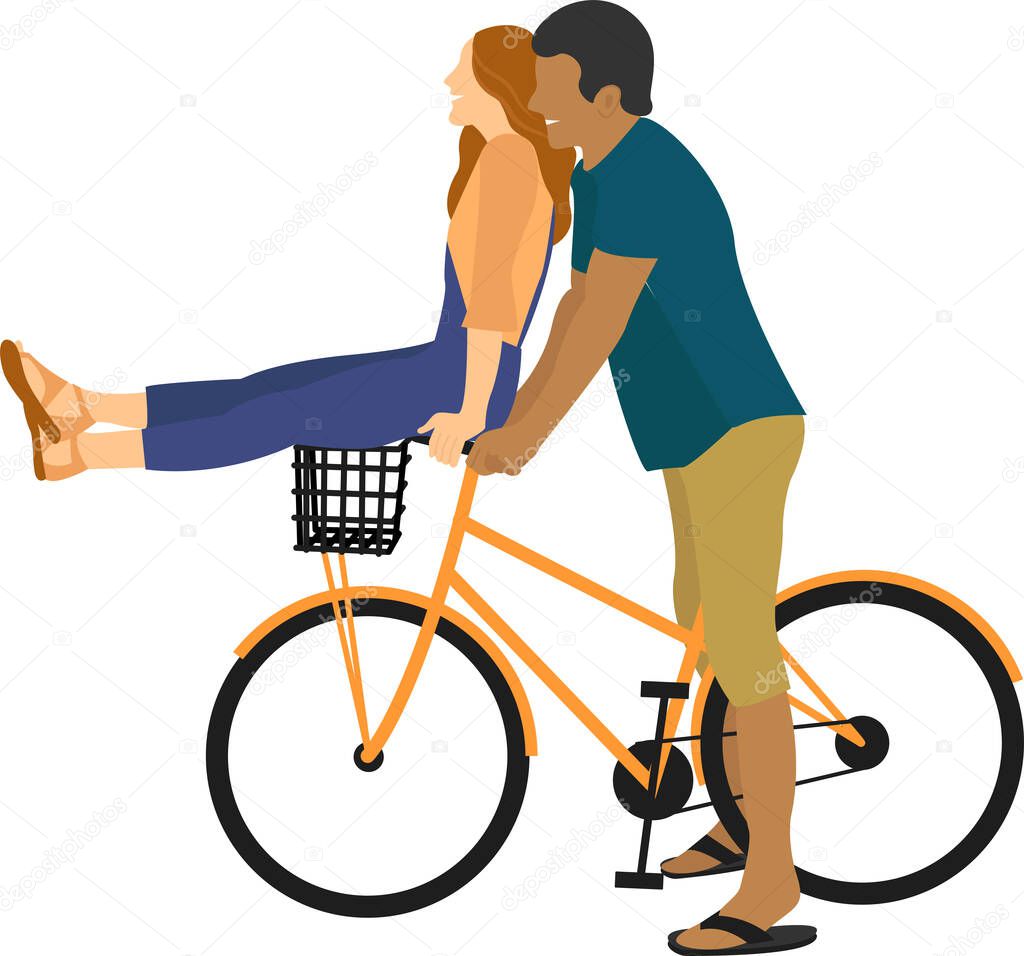  young couple riding a bicycle on a transparent background