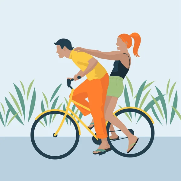 Pareja Joven Montando Bicicleta — Vector de stock