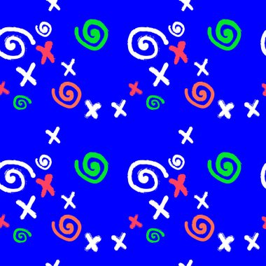 Kusursuz soyut desenler, spiraller ve çivit arkaplanda haçlar. Karalama tarzında. Ambalaj, kağıt, kapak, kumaş, iç dekorasyon ve kıyafetler için modern soyut baskı