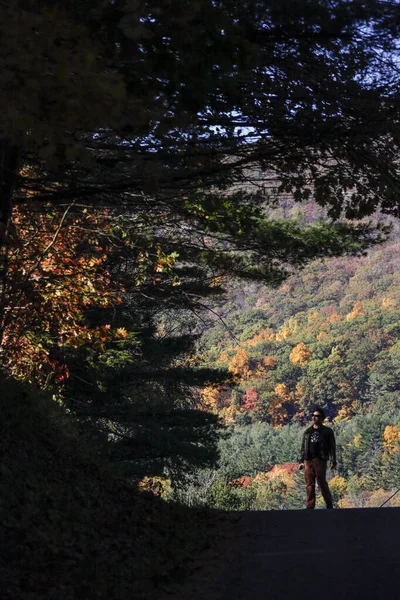 康沃尔 一个男人在一个人物形象的道路上 树叶飘落 秋天色彩斑斓 — 图库照片