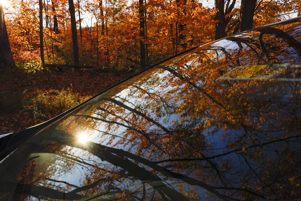 シャロンCt 米国車の窓から反射する紅葉と秋の色 — ストック写真