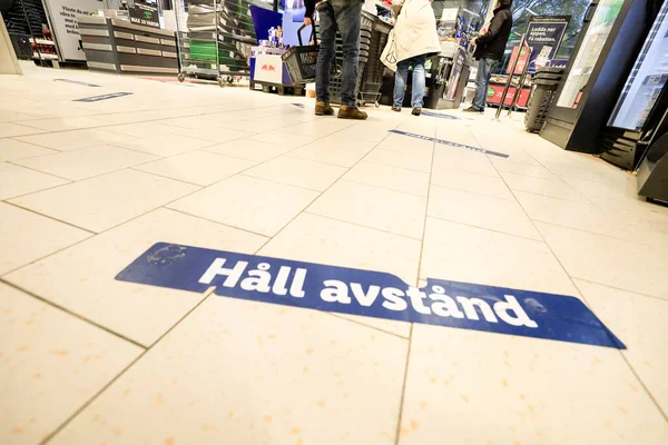 Stockholm Zweden Borden Voor Sociale Afstanden Het Zweeds Bij Kassa — Stockfoto