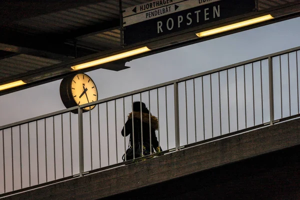 Stoccolma Svezia Una Persona Sulla Piattaforma Della Metropolitana Ropsten Mattina — Foto Stock