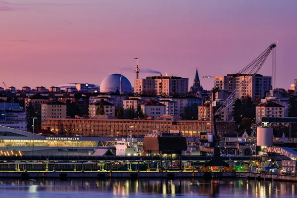 Stockholm Svédország Kilátás Reggel Sdtockholm Kikötő Globen Szófiai Templom — Stock Fotó