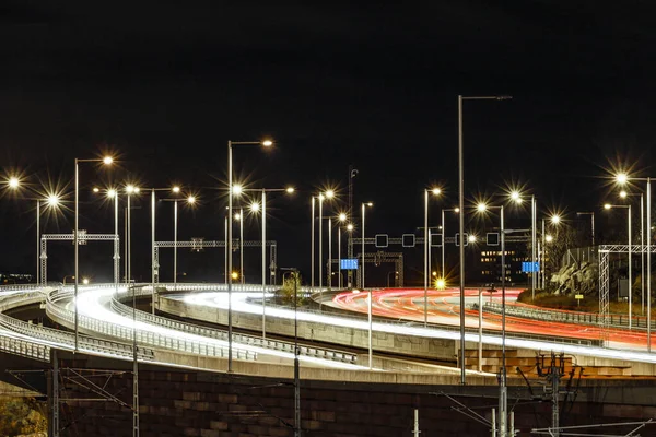 Stockholm Svédország Éjszakai Forgalom Autópályán — Stock Fotó