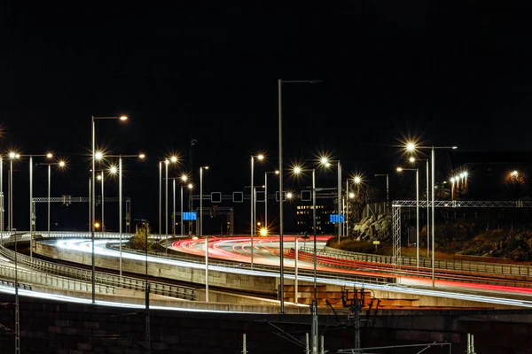 Stockholm Zweden Verkeer Nachts Snelweg — Stockfoto