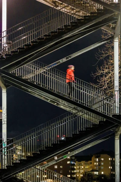 Stockholm Sweden Person Descends Outdoor Staircase Liljeholmsbron Liljeholmen Bridge — Stock Photo, Image