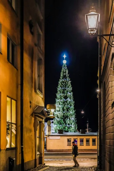 Stockholm Svédország December 2020 Egy Nagy Karácsonyfa Skeppsbron Gamla Stan — Stock Fotó