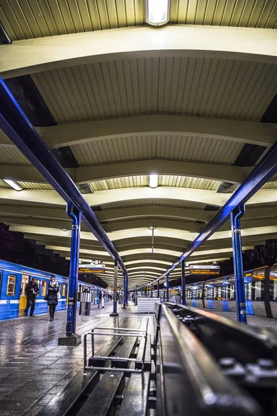 Stockholm Sweden Platform Passengers Vastertorp Tunnelbana Subway Station Night — Stock Photo, Image