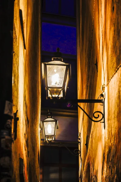 Stockholm Sweden Stockholm Narrowest Alley Marten Trotzigs Grand Night — Stock Photo, Image