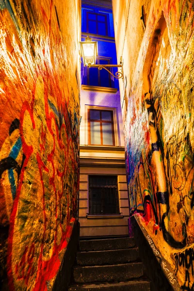 Stockholm Sweden Stockholm Narrowest Alley Marten Trotzigs Grand Night — Stock Photo, Image