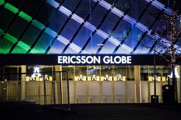 Стокгольм Швеція Вночі Знак Ericsson Globe Arena — стокове фото