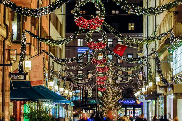 Estocolmo Suécia Luzes Natal Sobre Biblioteksgatan — Fotografia de Stock