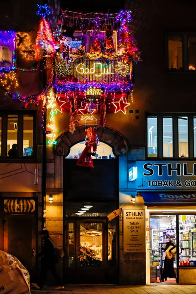 Stockholm Svédország Egy Erkély Fridhemsplan Díszített Karácsonyi Fények — Stock Fotó