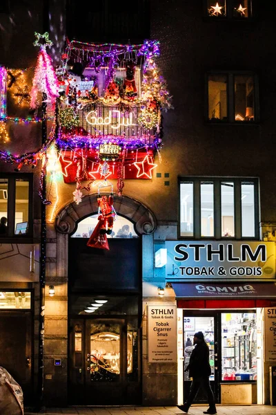 Stockholm Svédország Egy Erkély Fridhemsplan Díszített Karácsonyi Fények — Stock Fotó