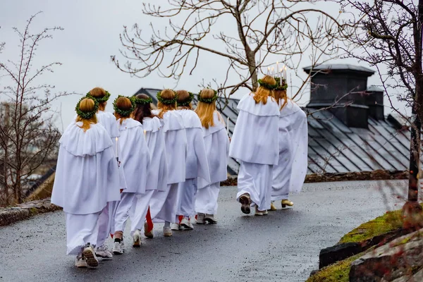 Stockholm Sweden School Group Liljeholmen March Traditional Santa Lucia Celebration — Stock Photo, Image