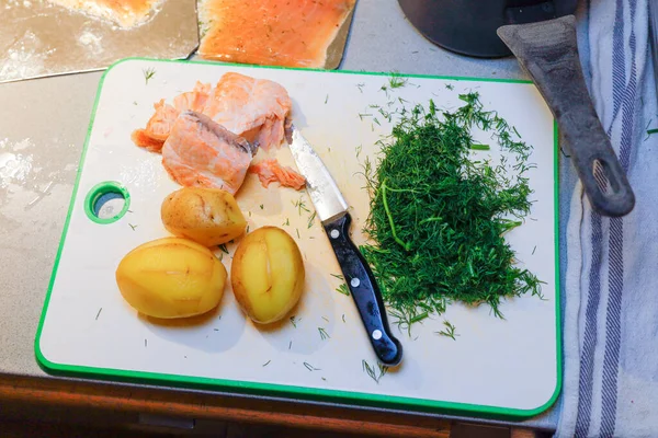Uma Bancada Cozinha Com Ingredientes Para Fazer Pudim Lax Sueco — Fotografia de Stock