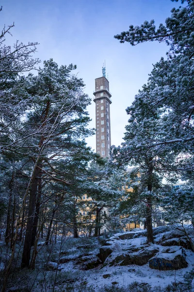 Stockholm Sweden Telefonplan Tower Winter Landscape Stock Photo