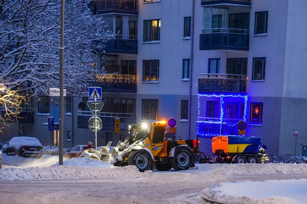 Stockholm Zweden Een Sneeuwploeg Winter Buitenwijk Racksta — Stockfoto