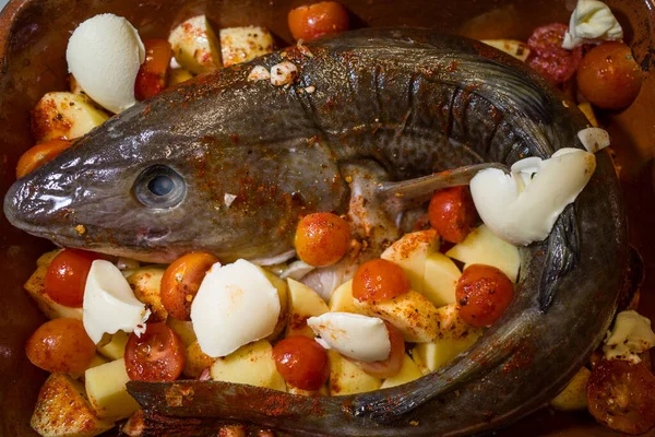 Lucio Entero Del Mar Báltico Molde Para Hornear Con Patatas — Foto de Stock