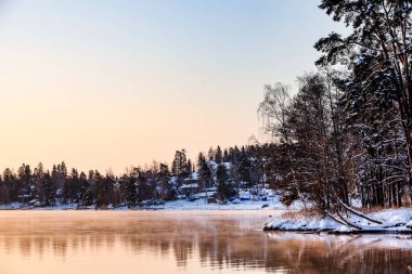 Sodertalje, İsveç Baltık Denizi kıyıları sabahın erken saatlerinde sisli.