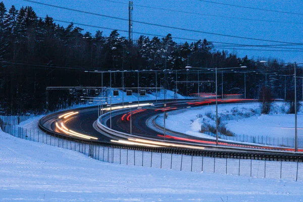 Estocolmo Suécia Rodovia Uma Curva Campo Inverno — Fotografia de Stock