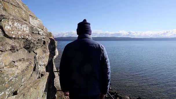 스웨덴의 비스싱 소섬에 세기성의 폐허를 지나고 남자가 비스싱 소섬을 지나고 — 비디오