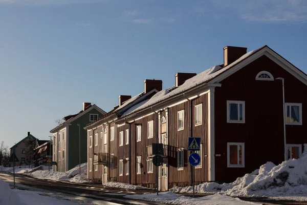 Kiruna Suécia Casas Madeira Rua Residencial — Fotografia de Stock