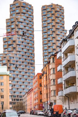 Stockholm, İsveç Torsgatan ve Norra Tornen konut kuleleri.