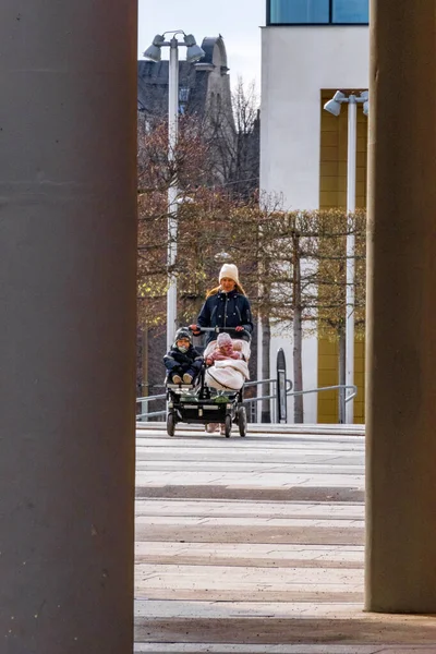 Stockholm Sweden Woman Walks Her Pram Two Babies Grounds Royal — Stock Photo, Image