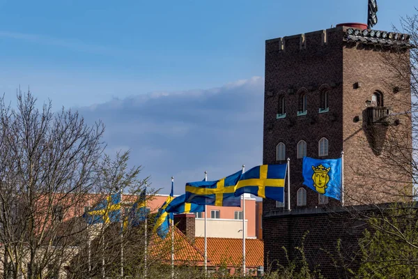Stockholm Svédország Svéd Zászlók Stadion Sportaréna Felett — Stock Fotó