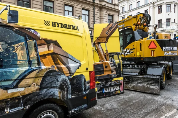 Stockholm Sweden Bulldozer Working Resurface Asphalt Vasagatan — Stock Photo, Image