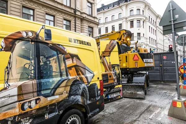 Stockholm Sweden Bulldozer Working Resurface Asphalt Vasagatan — Stock Photo, Image