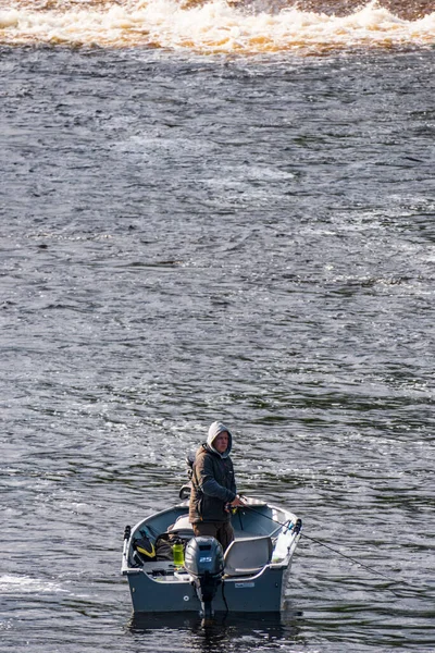 Fagersta Sweden Man Fishes Stromsholm Canal Little Boat Anchored Stream Stock Image