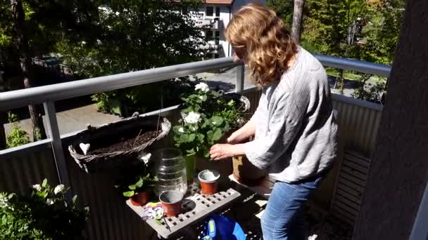 Estocolmo Suecia Una Mujer Tiende Sus Plantas Balcón Primavera — Vídeo de stock