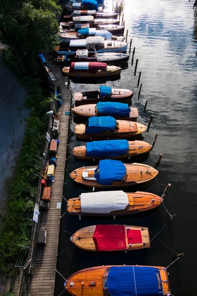Stockholm Suède Bateaux Classiques Bois Dans Canal Palsundet Sur Sodermalm — Photo
